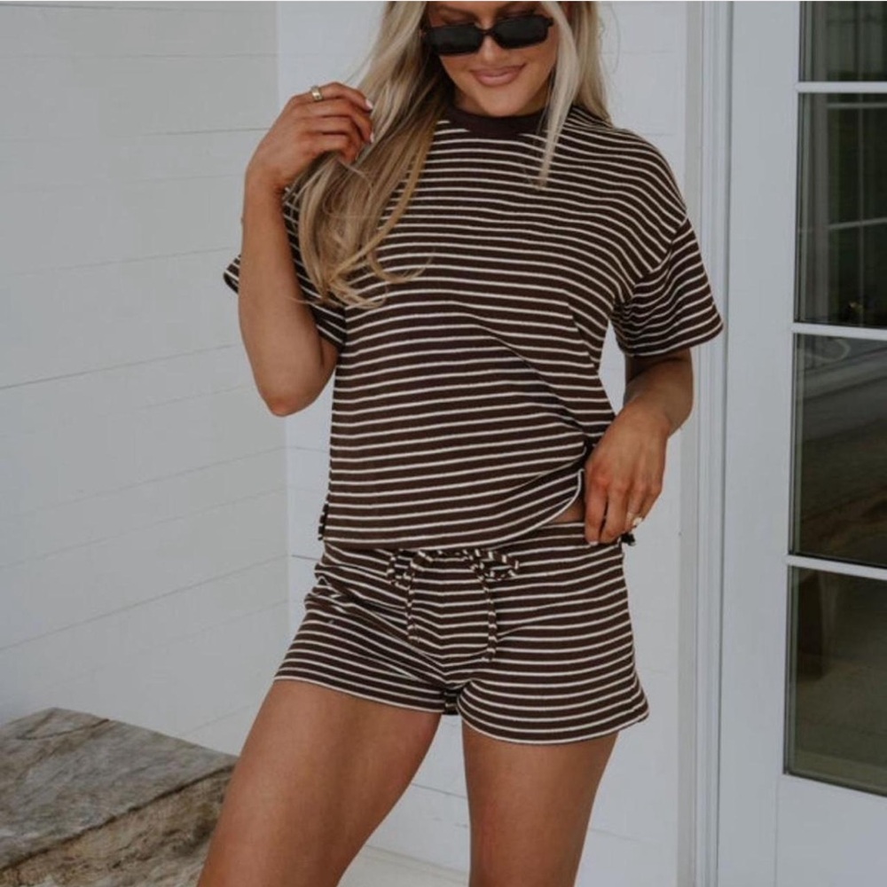 Brown and White Striped T-Shirt and Shorts Set